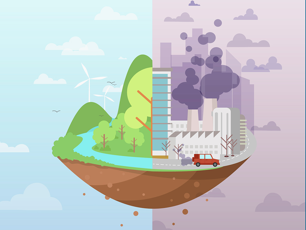 Traditional power plant emissions contrasted with clean energy sources like wind turbines.